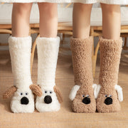 Cute cartoon dog floor socks in white and brown, winter warm non-slip plush socks for women.