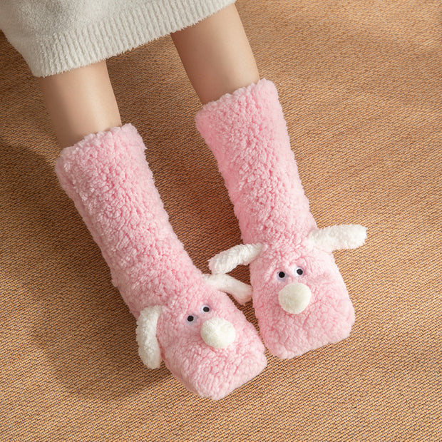 Cute pink cartoon dog floor socks with plush material, perfect for winter warmth and comfort. Ideal non-slip design for women.