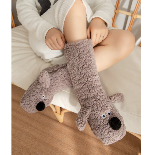 Cute plush cartoon dog floor socks in warm gray, perfect for women seeking comfort and style during winter.