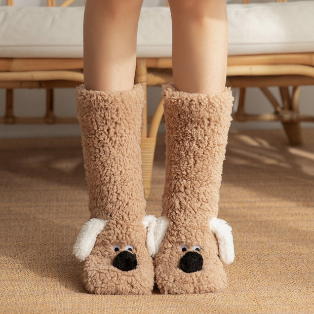 Cute cartoon dog plush floor socks for women, cozy winter non-slip design in beige, perfect for warm and stylish comfort.