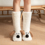 Cute cartoon dog plush floor socks for women, cozy winter non-slip design, featuring adorable dog face and friendly ears.