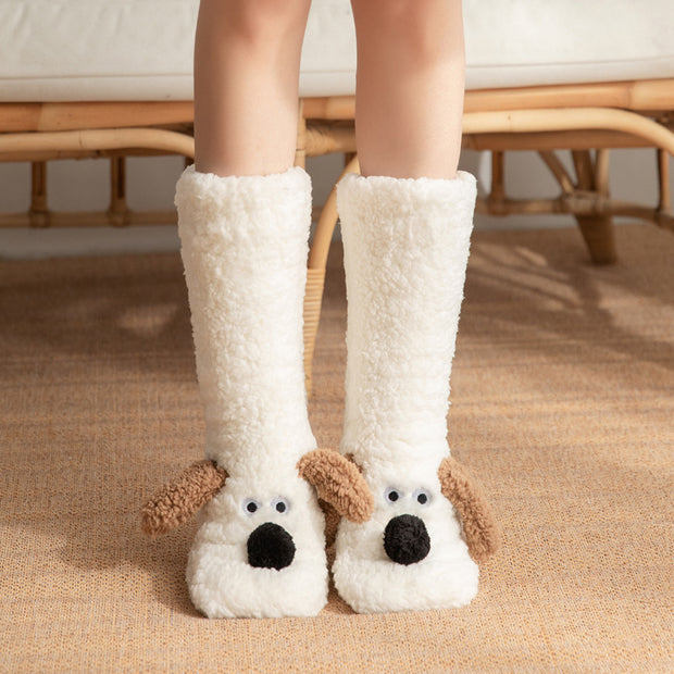 Cute cartoon dog plush floor socks for women, cozy winter non-slip design, featuring adorable dog face and friendly ears.