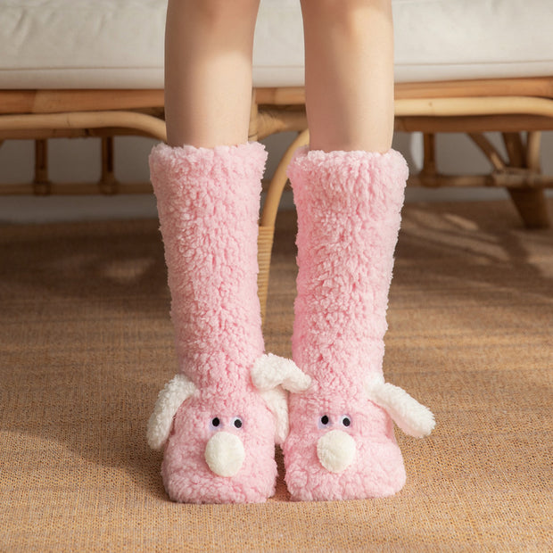 Cute pink plush cartoon dog floor socks for women, winter warm and non-slip design, perfect for cozy comfort.